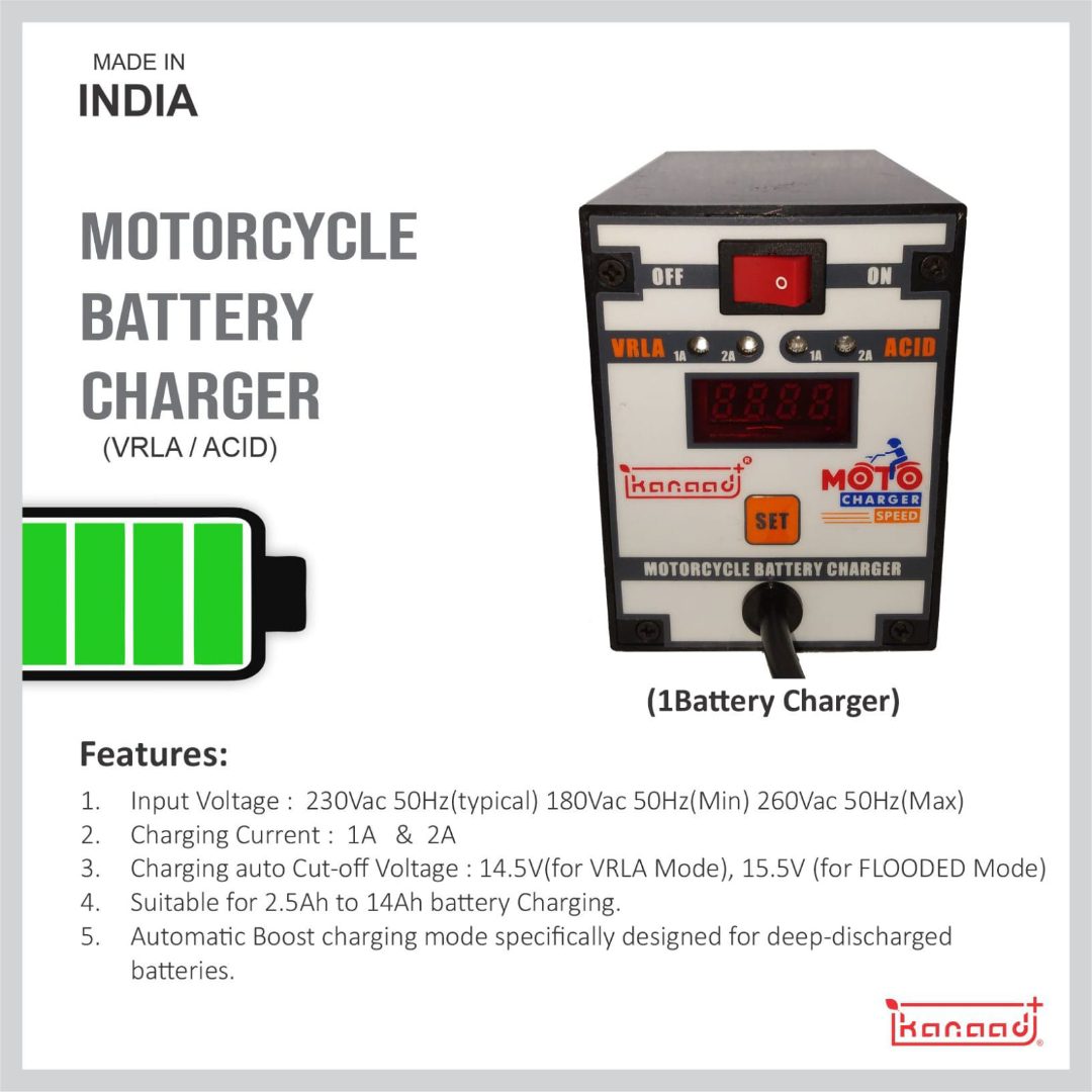 Kanaad® Moto Speed - Fully Automatic 1A and 2A Motorcycle VRLA Battery Charger for 2.5Ah to 14Ah with Digital Display