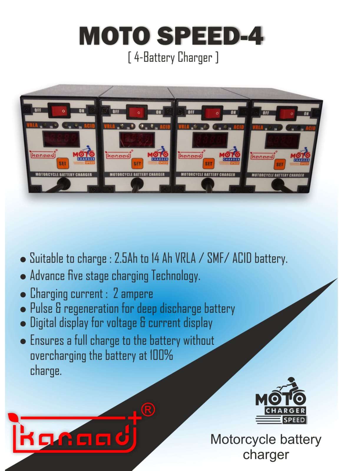 Kanaad® Moto Speed - Fully Automatic 1A and 2A Motorcycle VRLA Battery Charger for 2.5Ah to 14Ah with Digital Display