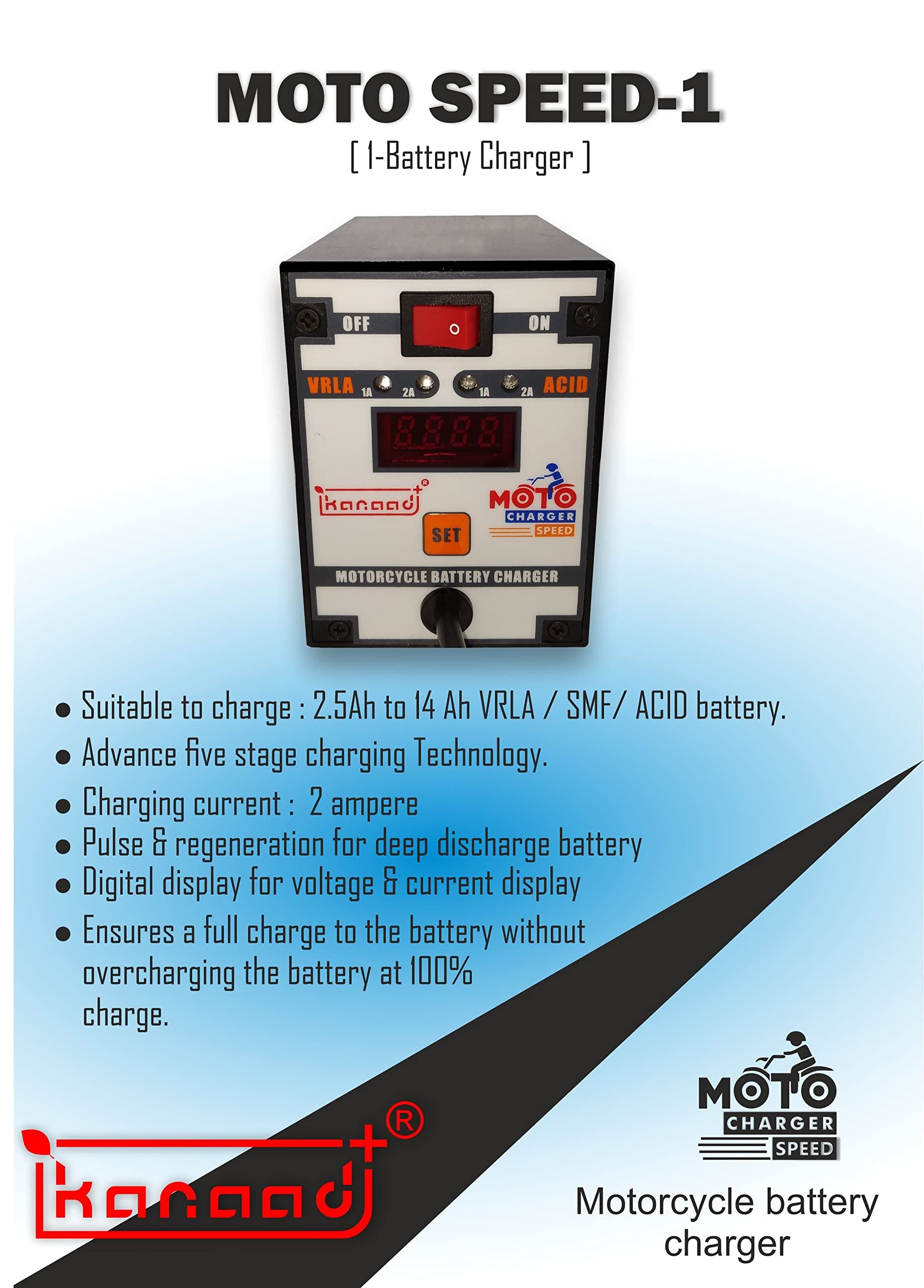 Kanaad Moto Speed Fully Automatic 1A and 2A Motorcycle Vrla Battery Chargers for 2.5Ah to 14Ah with Digital Display, Auto-Cutoff and Full Charging Indicator (1) thumbnail 3